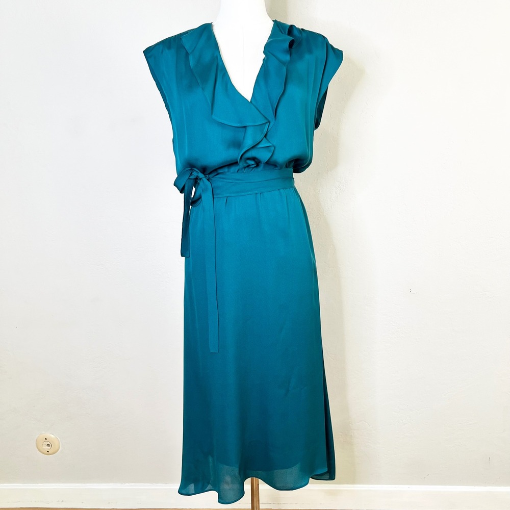 Graham & Spencer 100% Silk Ruffle V-Neck Midi Dress Size S Teal Blue Sleeveless